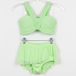 Double Platinum SET Lime Green Ribbed Knot Halter Dance top and Skirted brief AM
